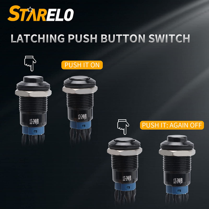 [Australia - AusPower] - Starelo 5pcs 12mm Latching led Push Button Switch Black Shell with pre-Wiring, IP65 Waterproof Push Button Switch,1NO 1 Normally,Self-Locking with LED(Blue). 12mm Black Shell 