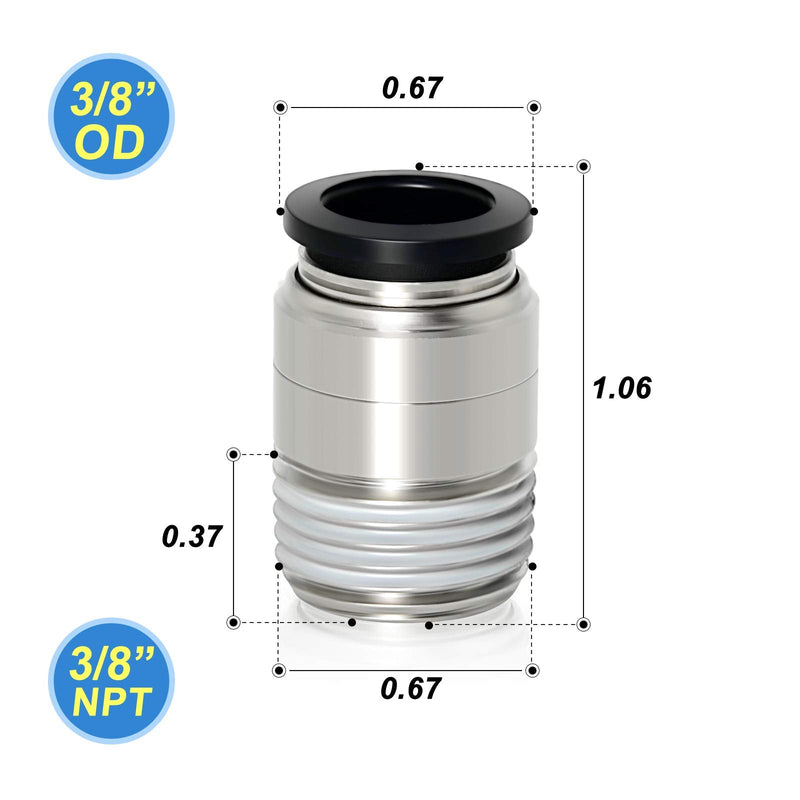[Australia - AusPower] - TAILONZ PNEUMATIC Round Male Straight 3/8 Inch Tube OD x 3/8 Inch NPT Thread Push to Connect Fittings POC-3/8-N3 (Pack of 10) 3/8"OD x 3/8"NPT 