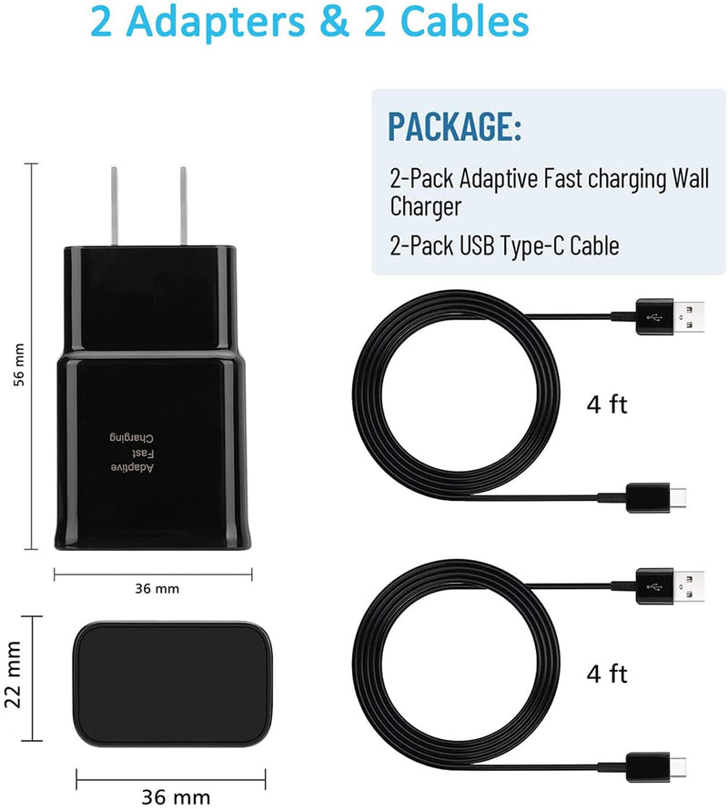 [Australia - AusPower] - Adaptive Fast Android Phone Charger with C Type Fast Charging Cable for Samsung Galaxy S10/S9/S8/S10e/S10+/S8+/S9+/Note 8 9 10 20/S22/S21/S21+/S21 Ultra/ S20 (2 Pack) 