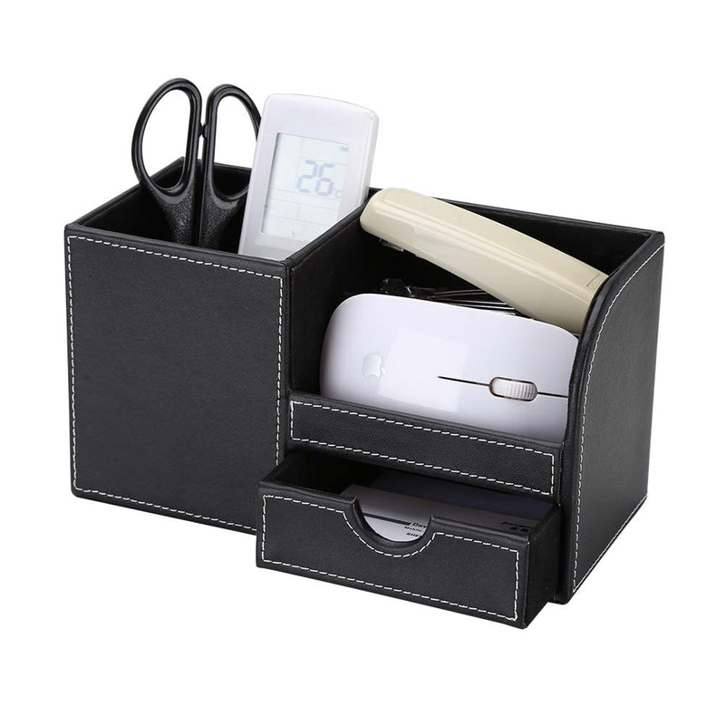 [Australia - AusPower] - KINGFOM Wooden Struction Leather Multi-function Desk Stationery Organizer Storage Box Pen/Pencil,Cell phone, Business Name Cards Remote Control Holder with Small Drawer Black 
