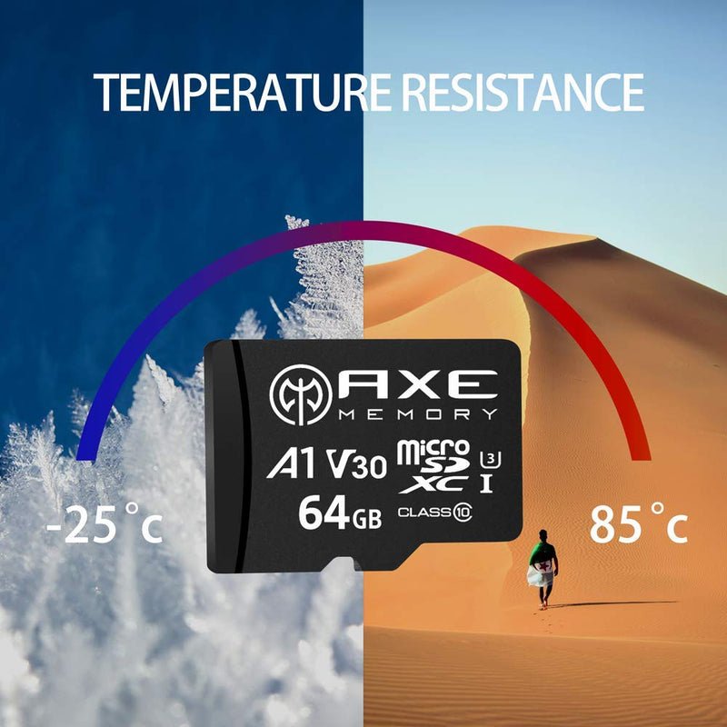 [Australia - AusPower] - AXE MEMORY 64GB microSDXC Memory Card + SD Adapter with A1 App Performance, V30 UHS-I U3 4K Black - A1 High Speed 64 GB 