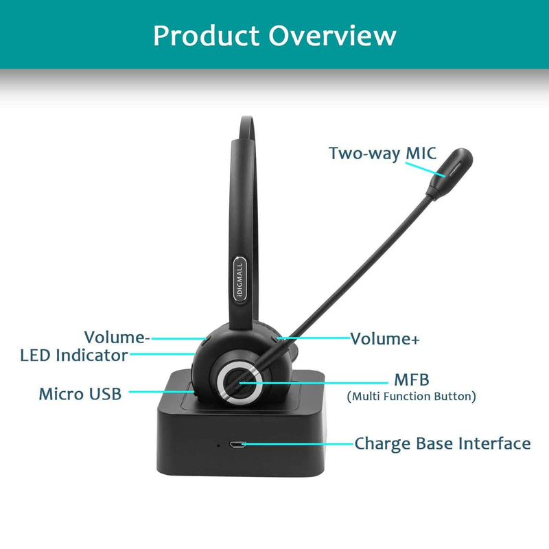 [Australia - AusPower] - Trucker Bluetooth 5.0 Headset for Cell Phones, iDIGMALL Wireless Headphones w/Mic, Noise Cancelling Office Headset w/Charging Base for PC Laptop Call Center Skype (Dark Black)… dark black 