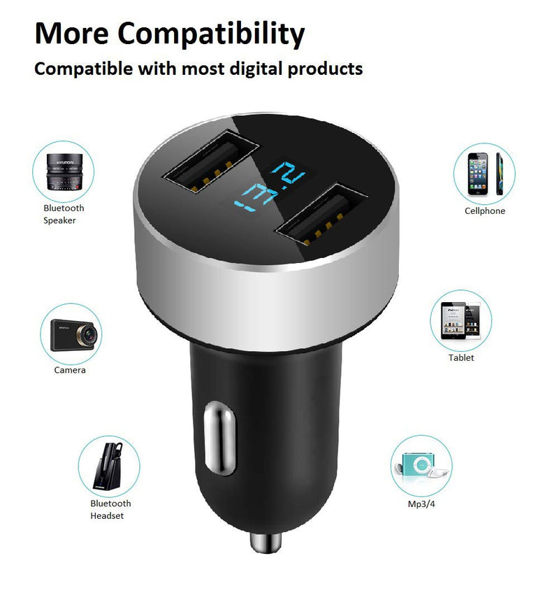 [Australia - AusPower] - Dual USB Car Charger,4.8A Output,Cigarette Lighter Voltage Meter Compatible with Apple iPhone,iPad,Samsung Galaxy ,LG ,Google Nexus,USB Charging Devices,Silver Silver 