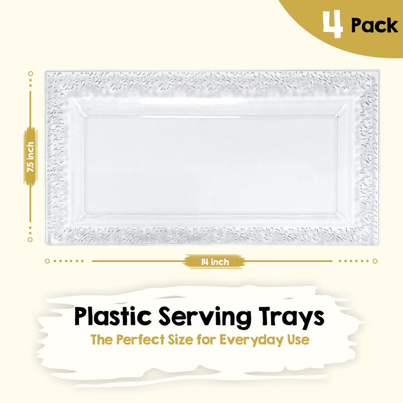 [Australia - AusPower] - 4 (pk) Yumchikel 14" x 7.5" Clear Lace Rim Plastic Serving Trays & Platters | Heavy Duty Disposable Decorative Dessert Tray - Party Platters for Upscale Parties Weddings Brand: Yumchikel 