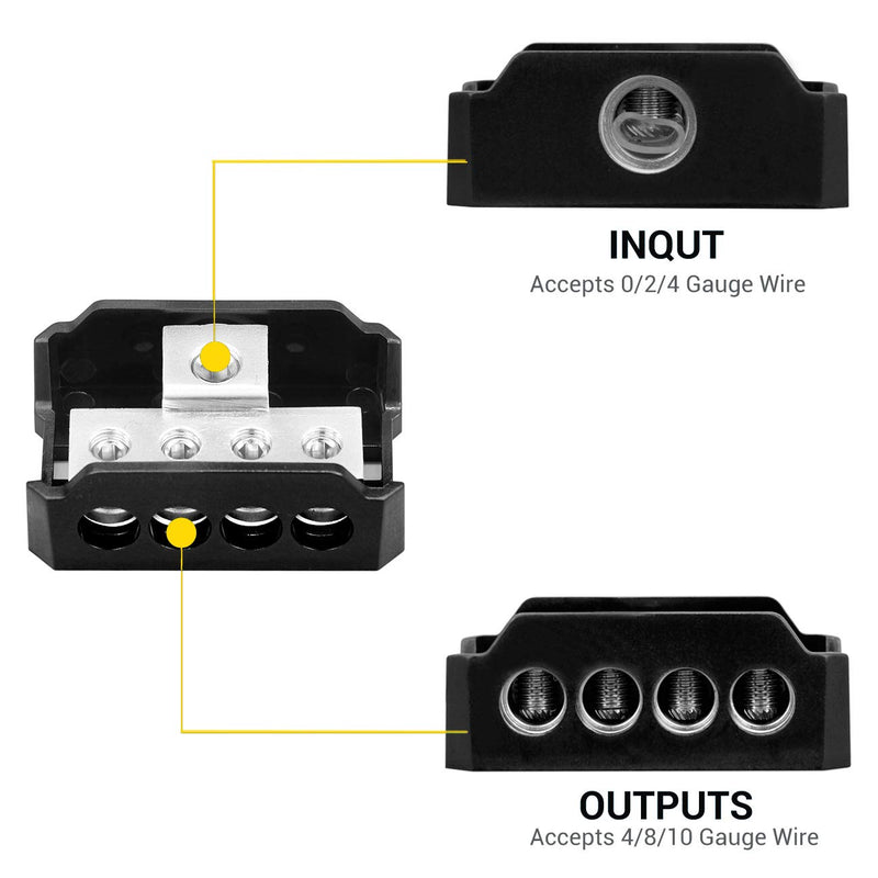 [Australia - AusPower] - Power Distribution Block 4 Way, 0 2 4 AWG Gauge in / 4 8 10 Gauge Out, Car Audio Stereo Amp Distribution Connecting Block for Car Audio Splitter 2 pcs (1 in 4 Out) 1 In 4 Out(4 Way) 