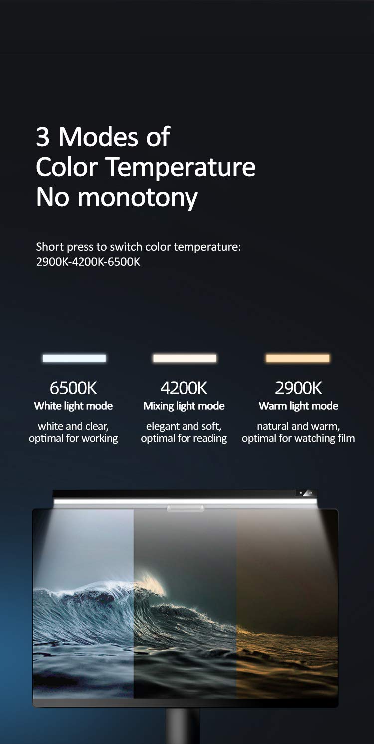 [Australia - AusPower] - Screen bar Monitor lamp, Computer Monitor Light, No Screen Glare Its Asymmetrical Optical Design，with 3 Color Temperature and Dimming，Matte Black USB Powered Office Lamp 