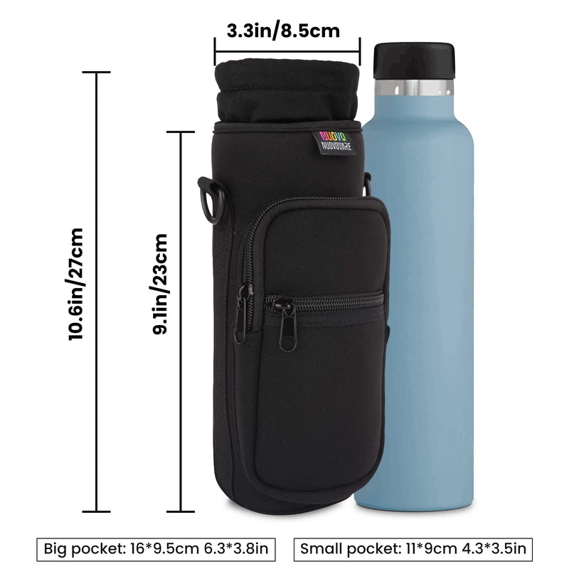 [Australia - AusPower] - Nuovoware Water Bottle Carrier Bag, Bottle Pouch Holder, Adjustable Shoulder Hand Strap 2 Pocket Sling Neoprene Sleeve Sports Water Bottle Accessories for Men/Women Hiking Travelling Camping, Black 