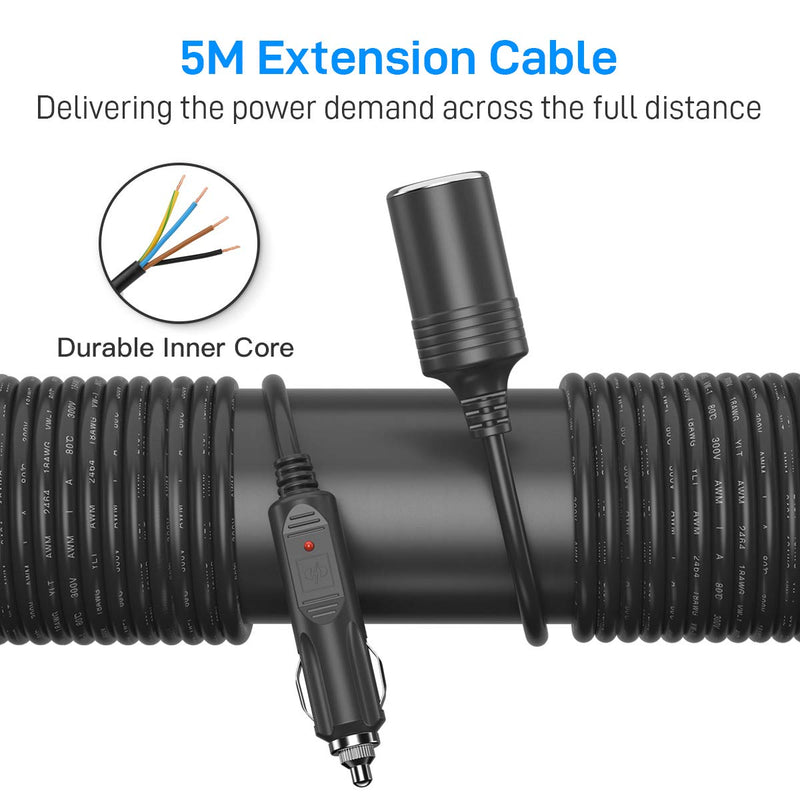 [Australia - AusPower] - Car Charger Extension 5M Cable - Extra Long Cable 5.0 Metre with Female Inline Socket Connector Suitable to Power Tyre Inflators Vacuum Cleaners and Other Portable Equipment Durable Power Supply Lead. 