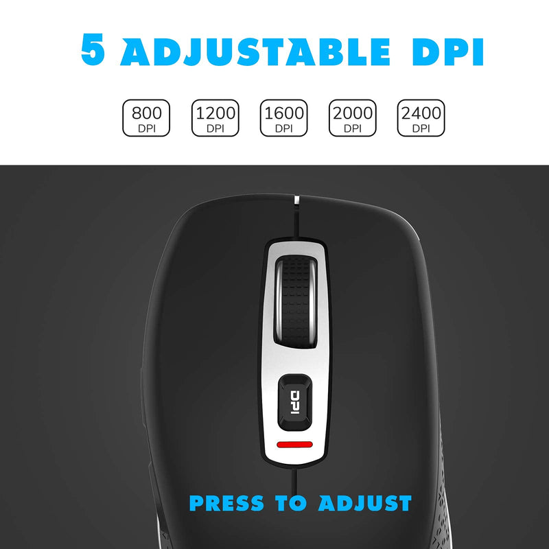 [Australia - AusPower] - Wireless Mouse 2.4G Noise-Free Cordless Mouse 5 Adjustable DPI (up to 2400) 6 Buttons Portable Computer Silent Mouse with USB Nano Receiver, Suitable for Laptops Computers Macs Laptops (Black) 1 Park Black 