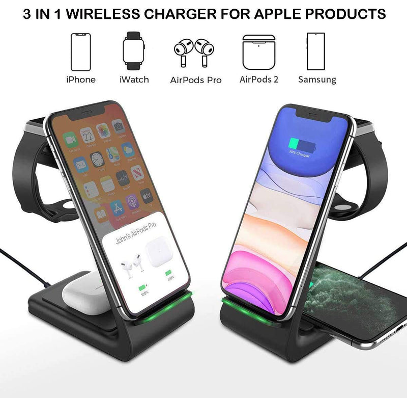 [Australia - AusPower] - Wireless Charger, 3 in 1 Qi Standard Fast Wireless Charging Station Dock for Apple iWatch Series 7/SE/6/5/4/3/2,iPhone 13/13 Pro/13 Pro Max/12/12 Pro/12 Pro Max/11/X/8,AirPods Pro/2/3(with Adapter) Black 