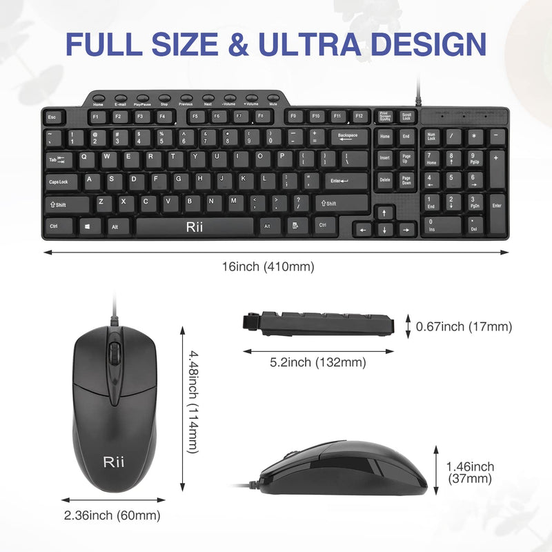Basic Keyboard and Mouse,Rii RK203 Ultra Full Size Slim USB Basic Wired Mouse and Keyboard Combo Set with Number Pad for Computer,Laptop,PC,Notebook,Windows and School Work(1 Pack) 1 PACK | AusPower Australia