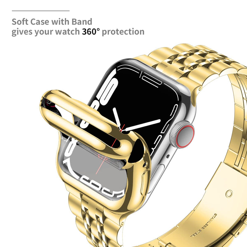 [Australia - AusPower] - Wolait Compatible with Apple Watch Band 45mm 44mm 42mm 41mm 40mm 38mm with Case,Upgraded Stainless Steel Metal Business Band with Screen Protector for iWatch Series 7/SE Series 6/5/4/3/2/1 Gold 