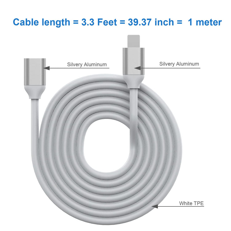 [Australia - AusPower] - EMATETEK iOS Extender Cable Male to Female Pass Audio Video Music Data and Power Charge. 1PCS iOS Extension Cord Adapter Made of White TPE and Sliver Aluminum. (3.3Ft / 1M) 