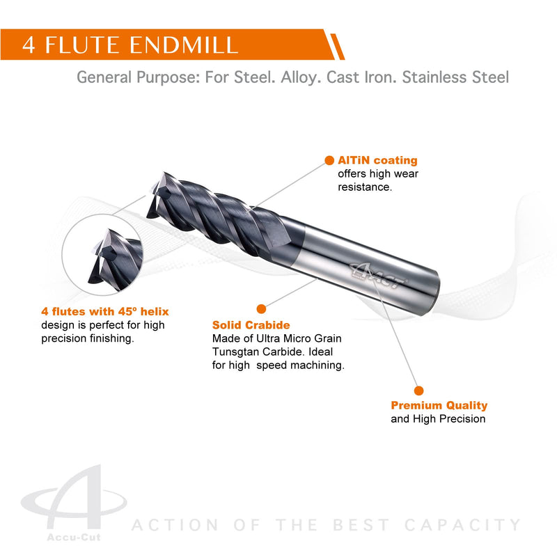 [Australia - AusPower] - ACCUCUT I4KES 1/8 Carbide End Mill, 4 Flute, Square End, Ideal for Steel, Forge Steel, Copper and Alloys, 45 Degree Helix, (5 Pieces) 1/8 in 