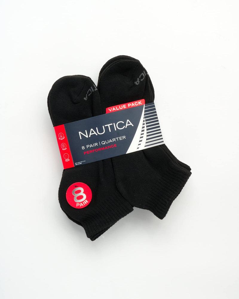 [Australia - AusPower] - Nautica Men's Athletic Socks - Cushioned Quarter Cut Ankle Socks (8 Pack) Black 6-12.5 