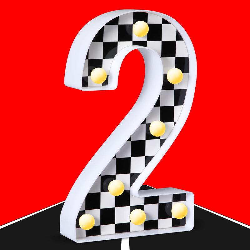 [Australia - AusPower] - Maxcheck Racing Car Light up Numbers Black and White Checkerboard Print Decorative LED Light Number Sign Race Car Theme Birthday Party Decorations Checkered Flag Party Supplies(Number 2) Number 2 