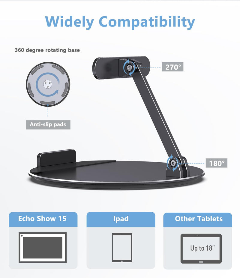 [Australia - AusPower] - Almoz Swivel and Tilt Stand for Echo Show 15, Aluminum Stand for Show 15.6" Smart Display and Up to 18" iPad/Tablets, with 360 Degree Rotating Base, Viewing Angle Adjustable, No Need Mounting (Black) black 