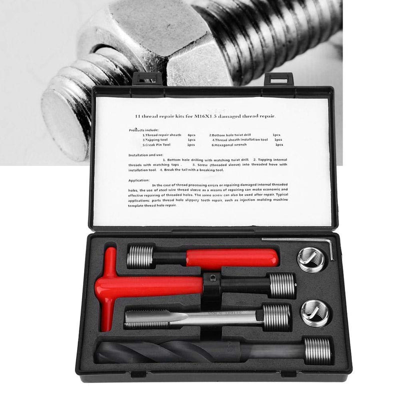 [Australia - AusPower] - 11PCs Thread Repair Kit, Metric M16x1.5mm Stainless Steel Thread Repair Insert Kit Including Twist Drill Bit Hexagon Wrench Automatic Repair Utility Tool 