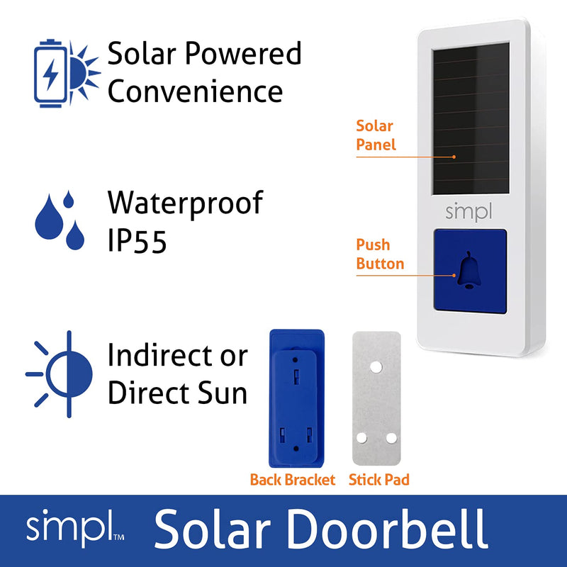 [Australia - AusPower] - smpl Solar Doorbell, Alerts Ecosystem Add-On, Pairs with Alerts Receivers, Wireless, Charges in Direct & Indirect Sunlight, Easy to Install, No WiFi, No Fees, Live Technical Support 