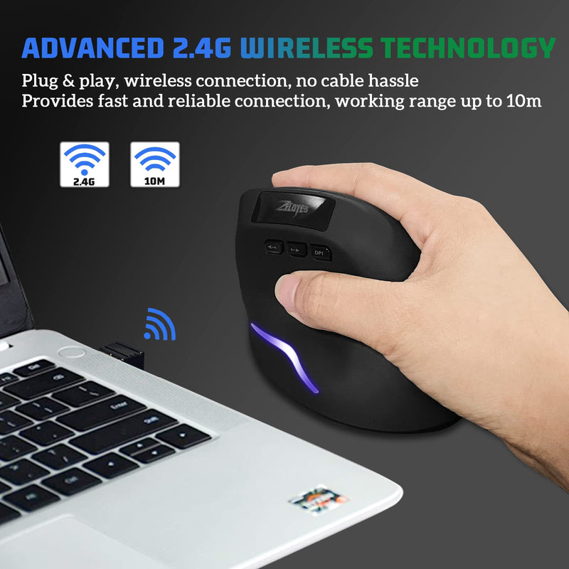 [Australia - AusPower] - Wireless Vertical Mouse, 2.4G Wireless Ergonomic Vertical Computer Mouse with 3 Adjustable DPI 1000/1600/2400, Rechargeable Laptop Mouse-Reduce Wrist Pain Compatible with PC, Desktop,Mac (Black)… Black 