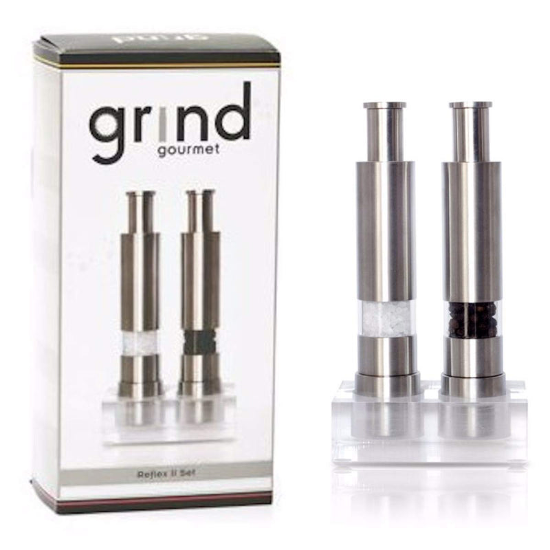 [Australia - AusPower] - Grind Gourmet Salt and Pepper Grinder Set, Original Pump & Grind Peppermill are Refillable, Modern Thumb Press Grinder, Comes with Black Pepper, Sea Salt and Stand, Works With Himalayan Salts 316 Stainless Steel 