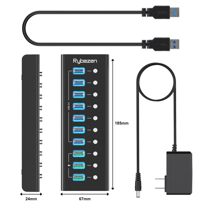 [Australia - AusPower] - Rybozen 10 Port Powered USB Hub, 60W Data Hub with 7 USB 3.0 Data Port and 3 Fast Charging Port, USB Charging Hub for Mobile HDD, MacBook, iMac, Mac Pro/Mini, iPad Air, PC, Laptop, and More 