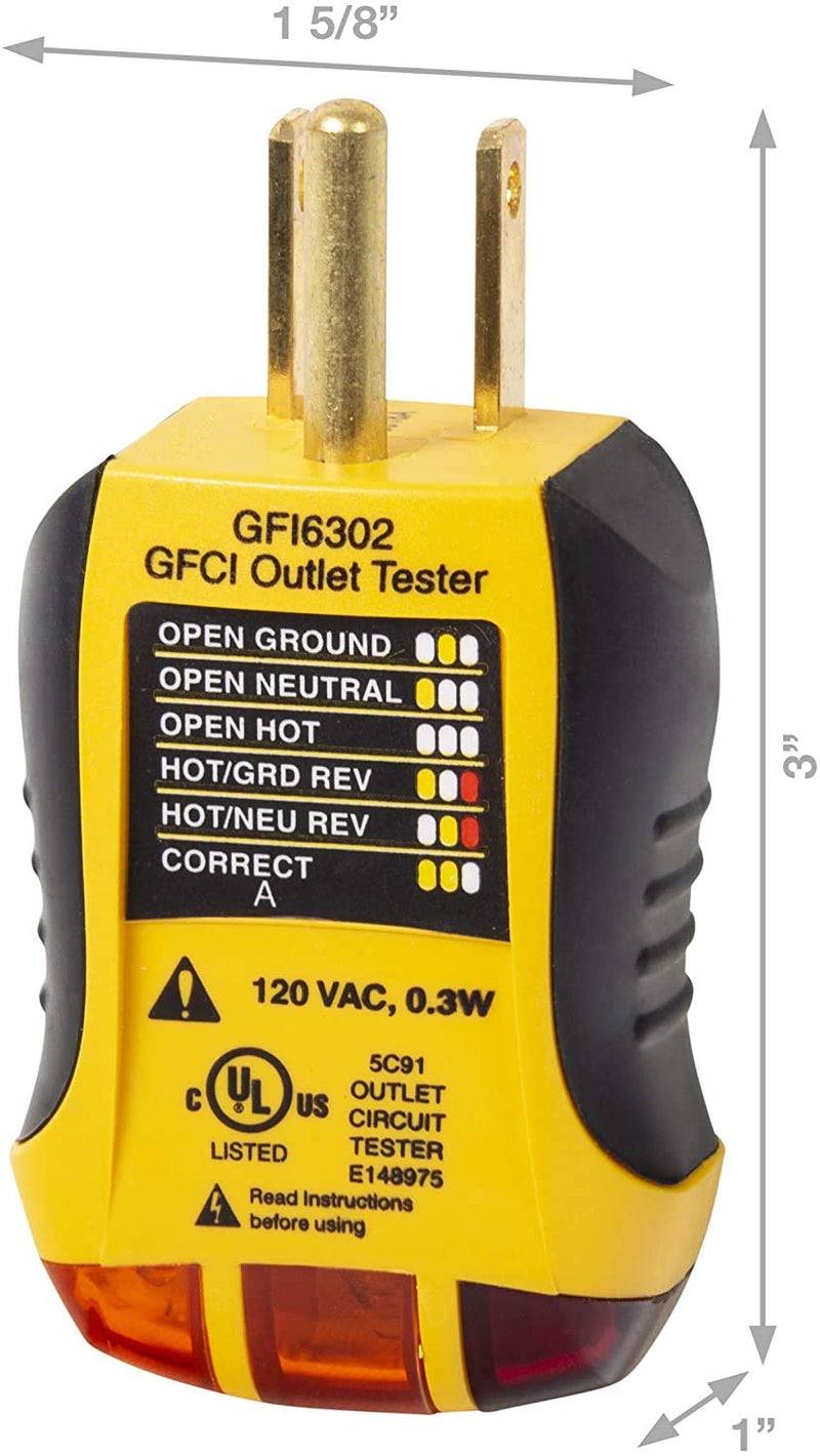 [Australia - AusPower] - Sperry Instruments GFI6302 GFCI Outlet / Receptacle Tester, Standard 120V AC Outlets, 7 Visual Indication / Wiring Legend, Home & Professional Use, Yellow & Black Pack of 1 Yellow/Black 