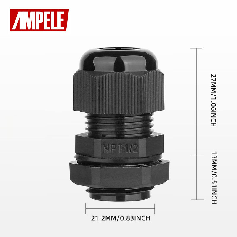 [Australia - AusPower] - AMPELE 20 Pack 1/2'' NPT Cable Gland Waterproof Adjustable 6-12mm/0.24-0.47inch Nylon Cable Glands Joints with Gaskets (1/2", 20 Pack) 1/2'' (20-Pack) 