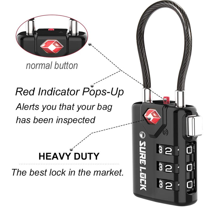 [Australia - AusPower] - SURE LOCK TSA Compatible Travel Luggage Locks, Inspection Indicator, Easy Read Dials TSA Approved with Zinc Alloy 1 BLACK 1 PACK 