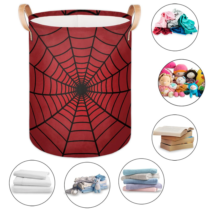 [Australia - AusPower] - Large Laundry Hamper Basket Red Spider Web Round Freestanding Clothes Basket, Collapsible Storage Organizer Bin with Leather Handles for Dirty Clothes Toys, Nursery Home Storage 16"W x 20"H 