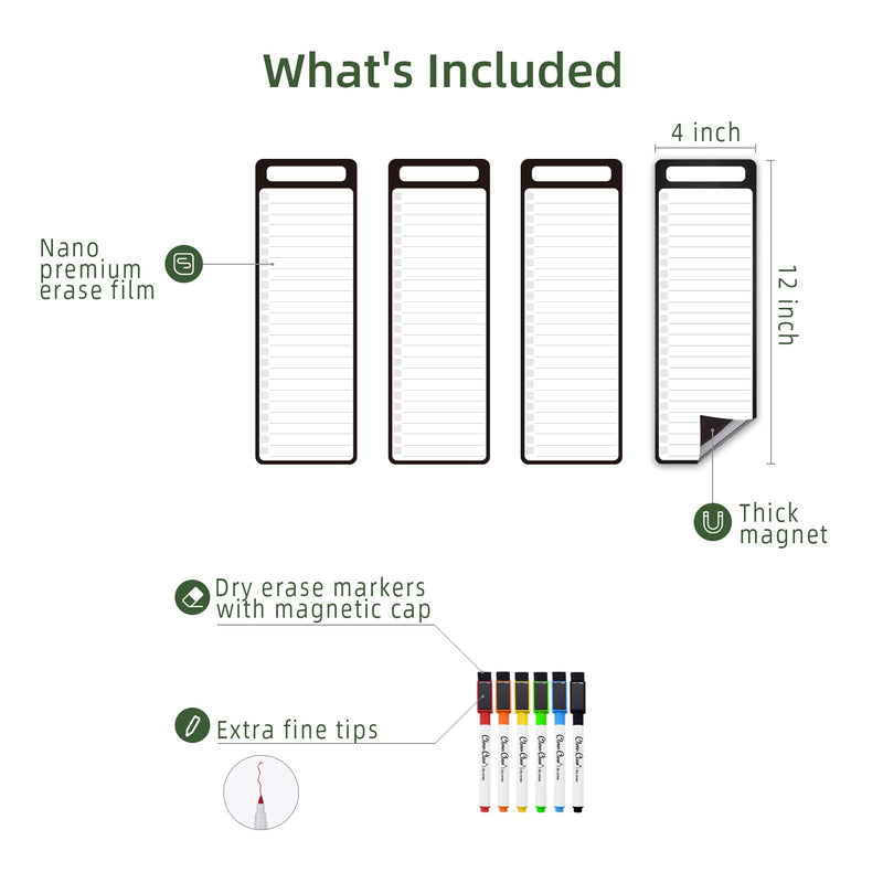 [Australia - AusPower] - Magnetic Dry Erase List Board - 4"x12" Multifunctional List Board for Fridge - 6 Extra Fine Point Markers Included - Shipped Flat 4"x12" List 4 Pcs 