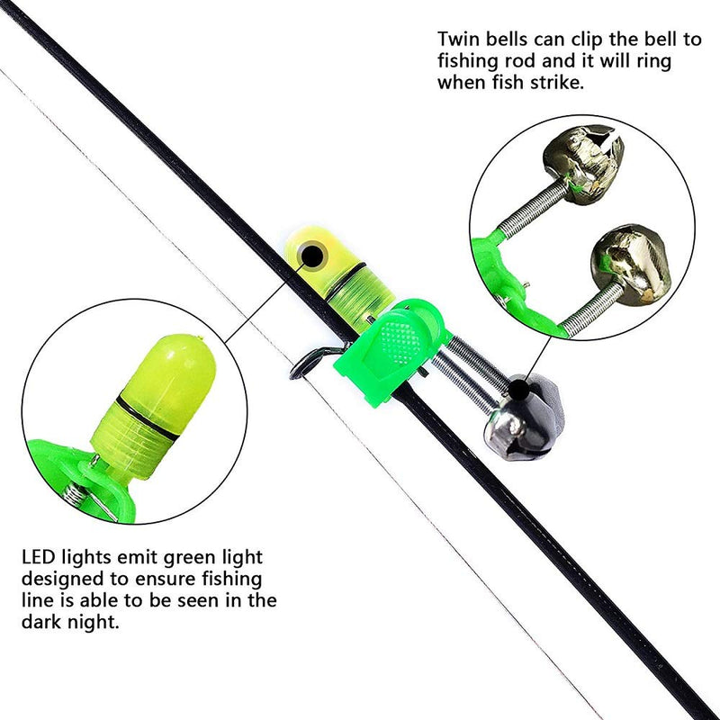[Australia - AusPower] - GRANDBUY Fishing Bells Clips with LED Light Night Sea Fishing Rod LED Light Clip with Twin Bells Ring Fishing Bite Alarm Indicator On Fishing Rod 20 Pcs Fishing Bells & 20 Pcs Replacement Bulb 