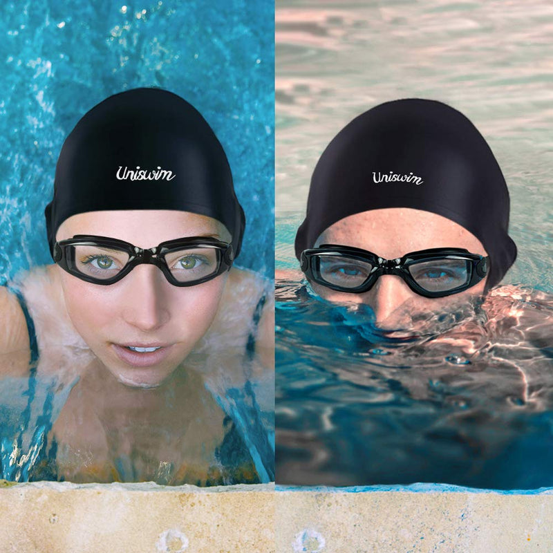 [Australia - AusPower] - Uniswim Swimming Goggles Swimming Cap Set Swim Glasses Silicone Swim hat Pack for Adults with Anti Fog Glasses for Swimming Black 