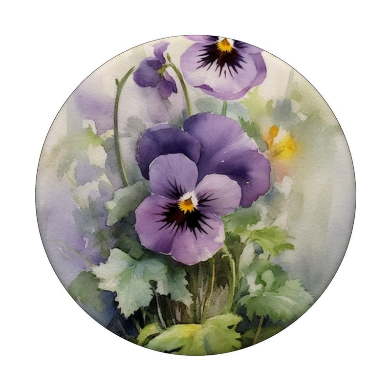 [Australia - AusPower] - watercolor Purple Pansy Flower Floral Art Gardening PopSockets Swappable PopGrip Black 