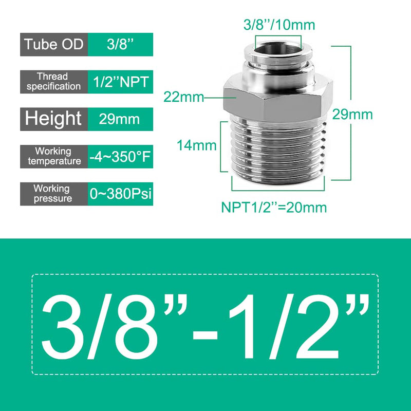 [Australia - AusPower] - 3 Pack Pneumatic Stainless Steel Male Straight 3/8" Tube OD x 1/2" NPT Thread Push to Connect Air Fittings ,Air Line Hose Fittings Kit Connector (3/8''OD X 1/2''NPT, 3) 3/8''OD X 1/2''NPT 