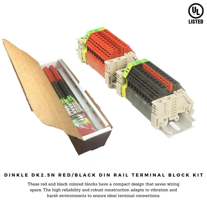 [Australia - AusPower] - Dinkle UL Listed DIN Rail Terminal Block Kit #1 Red/Black Dinkle 20 DK2.5N 12 AWG Gauge 20A 600V Ground DK2.5N-PE Jumper DSS2.5N-10P End Covers End Brackets 