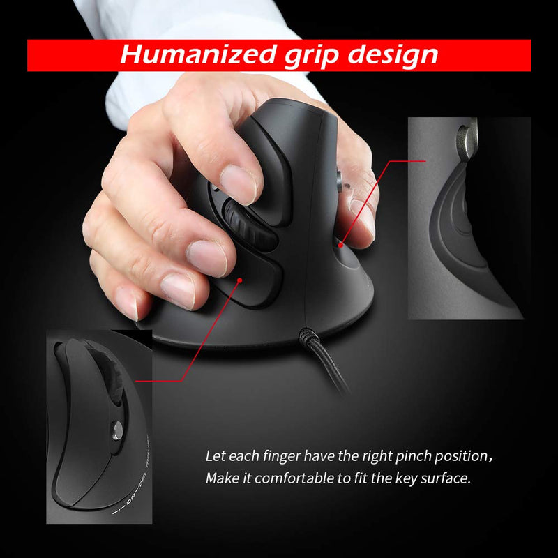 [Australia - AusPower] - Zelotes Vertical Ergonomic Mouse,3200DPI Computer Mouse, 6 Buttons,LED Optical Wired Mouse Corded Mice for Computer, Laptop, PC – Black 