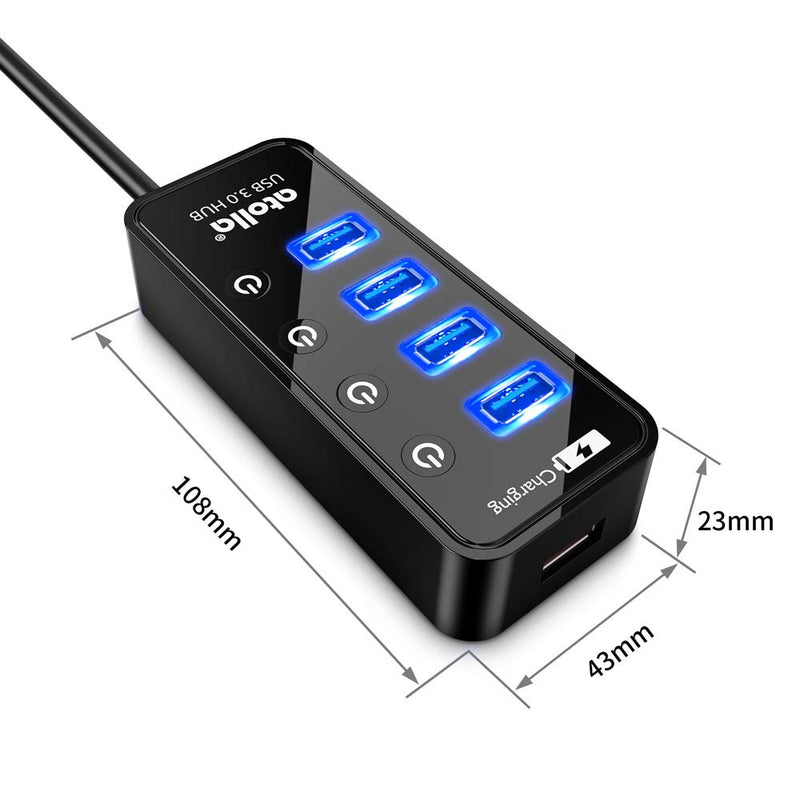 [Australia - AusPower] - Powered USB Hub, atolla 4-Port USB 3.0 Hub with 4 USB 3.0 Data Ports and 1 USB Smart Charging Port, USB Splitter with Individual On/Off Switches and 5V/3A Power Adapter 