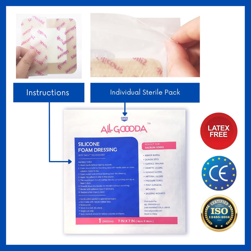 [Australia - AusPower] - ALL GOOODA Sacral Silicone Foam Dressing 7”x7”[10 Pack] Gentle Adhesive Border for Sacrum Wound Care, Sacral Foam Dressing, Bed Sore, Pressure Sore, Diabetic Ulcer, Large Wound Bandage 