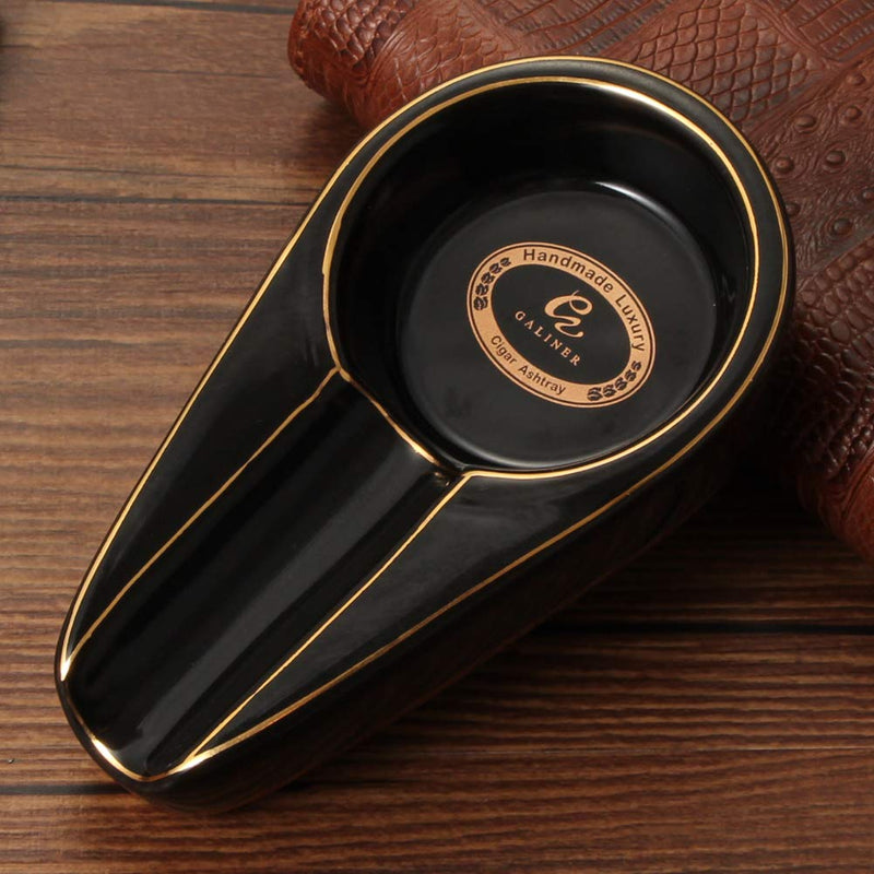 [Australia - AusPower] - Galiner Cigar Ashtray, Travel Ashtray, Outdoor Ceramic Ash Tray (Black With Golden line) Black 