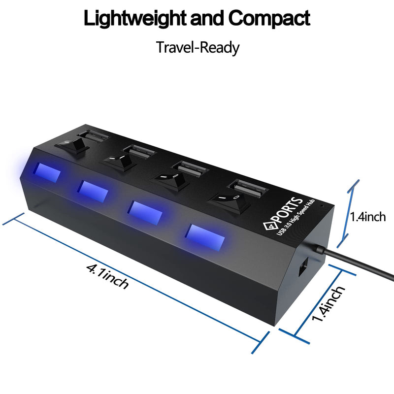 [Australia - AusPower] - MIUOLV 4-Port USB 3.0 Hub with LED Light Power Switches, USB Splitter for Laptop, PS4 Keyboard and Mouse Adapter for Dell, Asus, HP, MacBook Air, Surface Pro, Acer, Xbox (Black) Black 