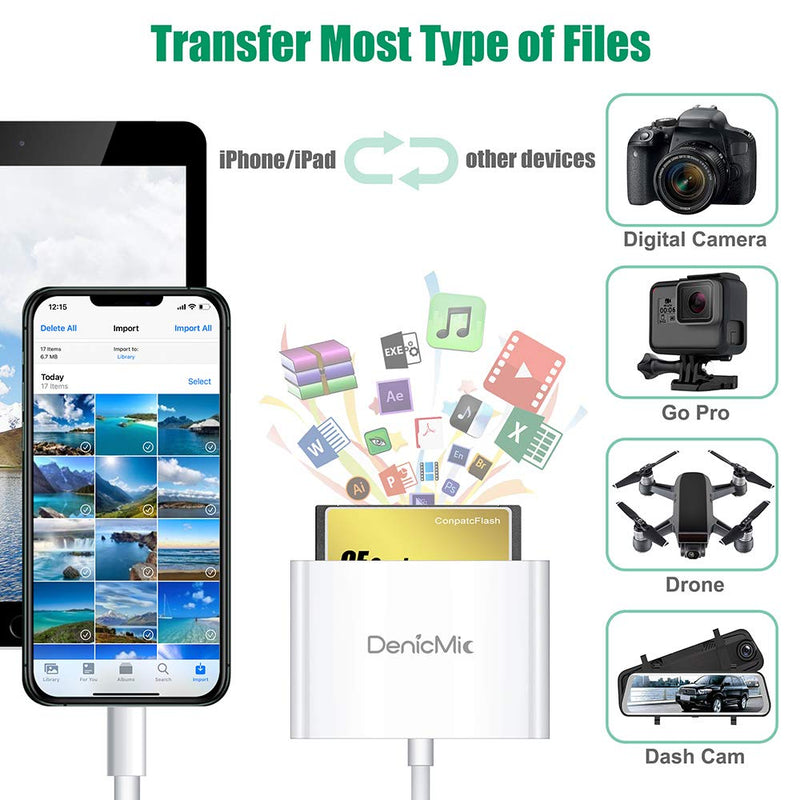 [Australia - AusPower] - CF Card Reader for iPhone iPad, SD CF Micro SD TF Memory Card Reader Adapter Digital Camera Reader Trail Game Camera Viewer for iPhone X/8 Plus/8/7 Plus/7/6s Plus, iPad Mini/Air, No App Required 