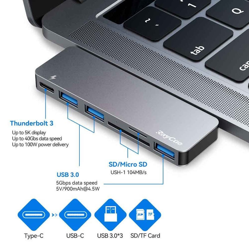 [Australia - AusPower] - USB C Hub Adapter for MacBook Pro/Air M1 2020 2019 2018, 6 in 1 USB-C Accessories Compatible with MacBook Pro 13″ and 15″ with 3 USB 3.0 Ports, TF/SD Card Reader, USB-C Power Delivery 
