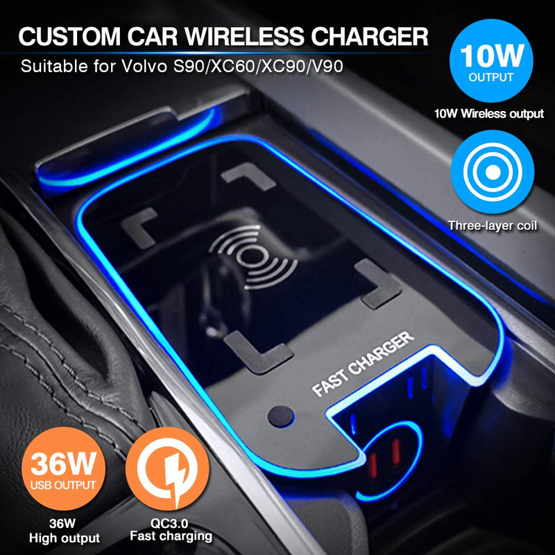 [Australia - AusPower] - Premis Wireless Car Charger for Volvo XC90 XC60 S90 V90 V60 S60 QC3.0 Mirror Anti-slip 2021 Upgraded Fast Charging with USB Ports 36W QI Smart Phone Charging Pad (Not Support iPhone 12 Series) 