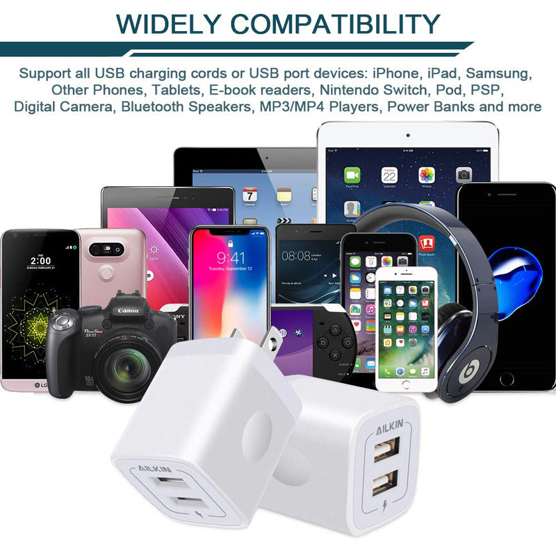 [Australia - AusPower] - USB Wall Charger, Charger Adapter, AILKIN 2-Pack 2.1Amp Dual Port Quick Charger Plug Cube for iPhone 13 12 11 Pro Max 10 SE X XS XR 8 Plus 7, Samsung Galaxy S21 S20 Power Block Fast Charging Box Brick White 