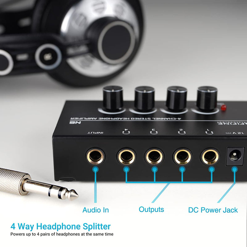 [Australia - AusPower] - Fifine Headphone Amplifier 4 Channels Metal Stereo Audio Amplifier,Mini Earphone Splitter with Power Adapter-4x Quarter Inch Balanced TRS Headphones Output and TRS Audio Input for Sound Mixer-N6 