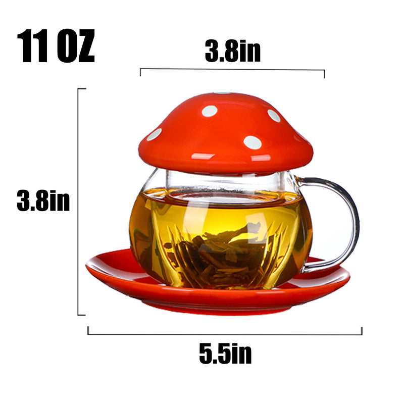 [Australia - AusPower] - Mushroom Cup Cute Glass Tea Cup with Infuser and Lid Kawaii Mushroom Mug Set Coffee Teapot with Ceramic Coasters 11oz (Orange) Orange 