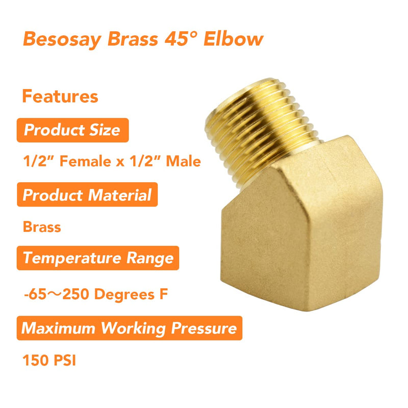 [Australia - AusPower] - (2-Pack) Besosay 45° Degree 1/2 Inch Brass Barstock Street Elbow Pipe Fitting, 1/2" NPT Female x 1/2" NPT Male 45° Elbow 