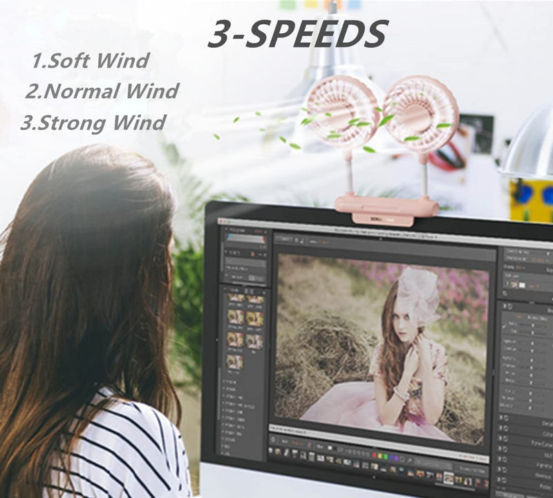 [Australia - AusPower] - Desktop Fan, THRRLY Monitor Clip on Fan with 2 Fan Heads, 3 Speeds Office Desk fan USB Powered Cooling Fan with Sturdy Adjustable Clamp, Strong Wind Quiet Personal USB Small Fan for Laptops, Desktop. Dark Blue 
