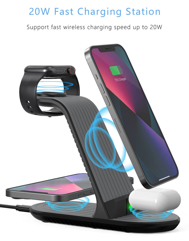 [Australia - AusPower] - 4 in 1 Wireless Charging Station, 20W Fast Wireless Charger for Multiple Devices Apple iWatch 7/SE/6/5/4/3/2 iPhone 13/13 Pro Max/13 Pro/12/11 AirPods Pro(with QC 3.0 Adapter) Grey+Black 